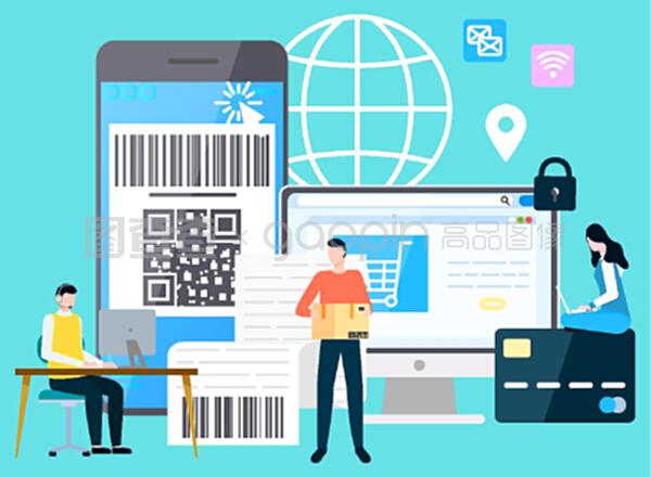 有支付保障的智能手機(jī)和計(jì)算機(jī),購(gòu)物和送貨。網(wǎng)上支付系統(tǒng),帶筆記本電腦的字符。平面卡通風(fēng)格的矢量插圖。國(guó)際商務(wù)現(xiàn)代技術(shù)小工具